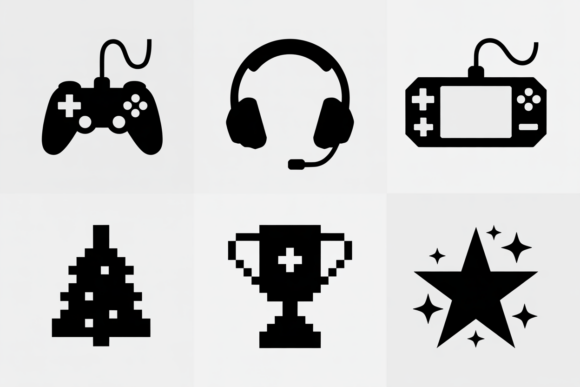 Gaming Icons Set in Monochrome Style for Graphics and Crafts