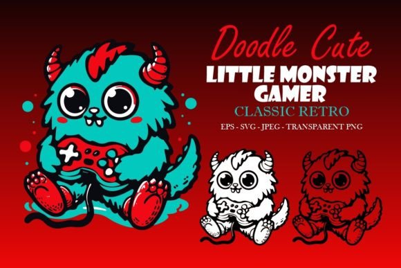 Retro Doodle Cute Little Monster Gamer 3 Graphics for Crafts